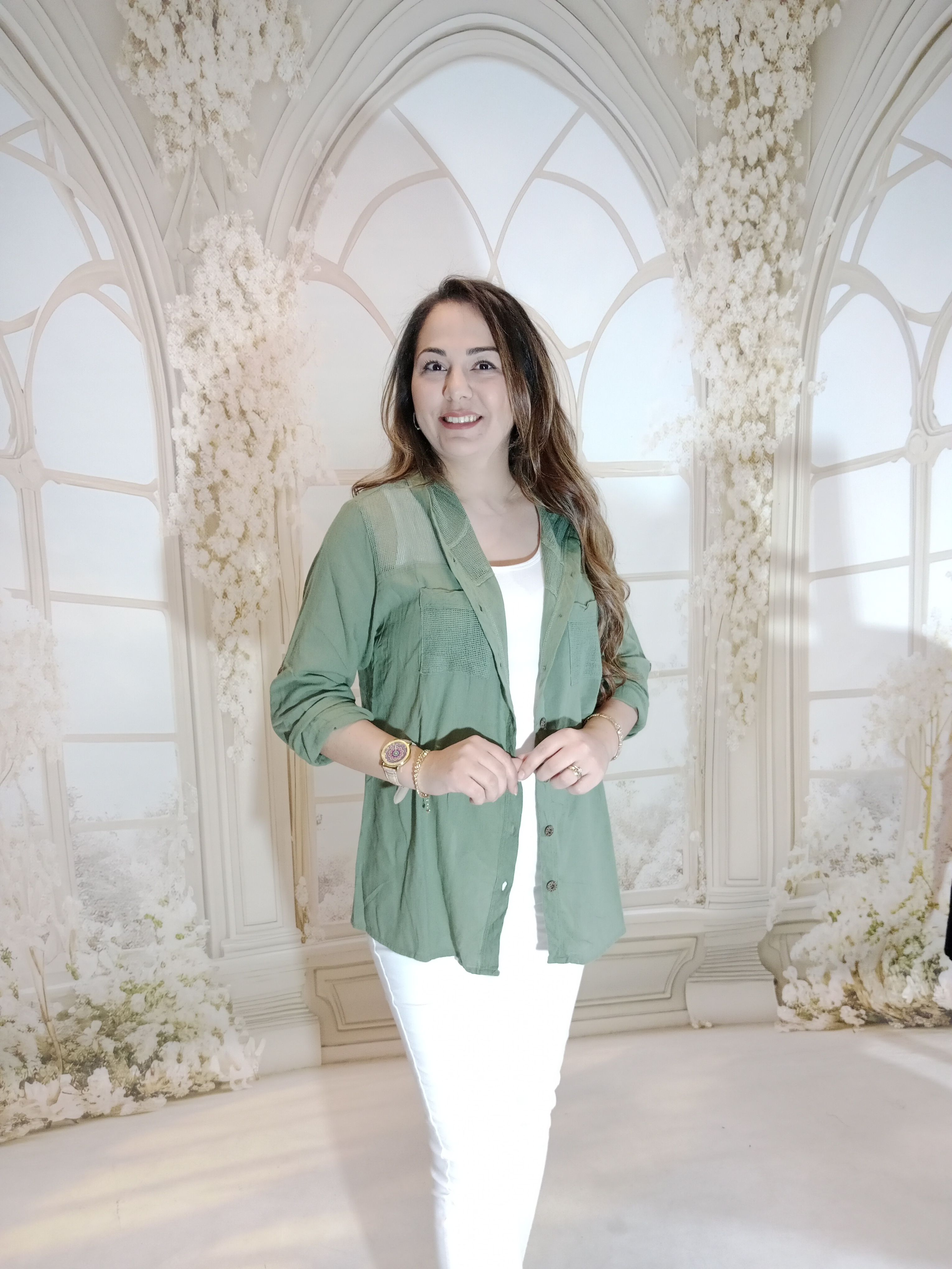 OMUZ FİLE DETAYLI KAPŞOLU KETEN GÖMLEK - HAKİ
