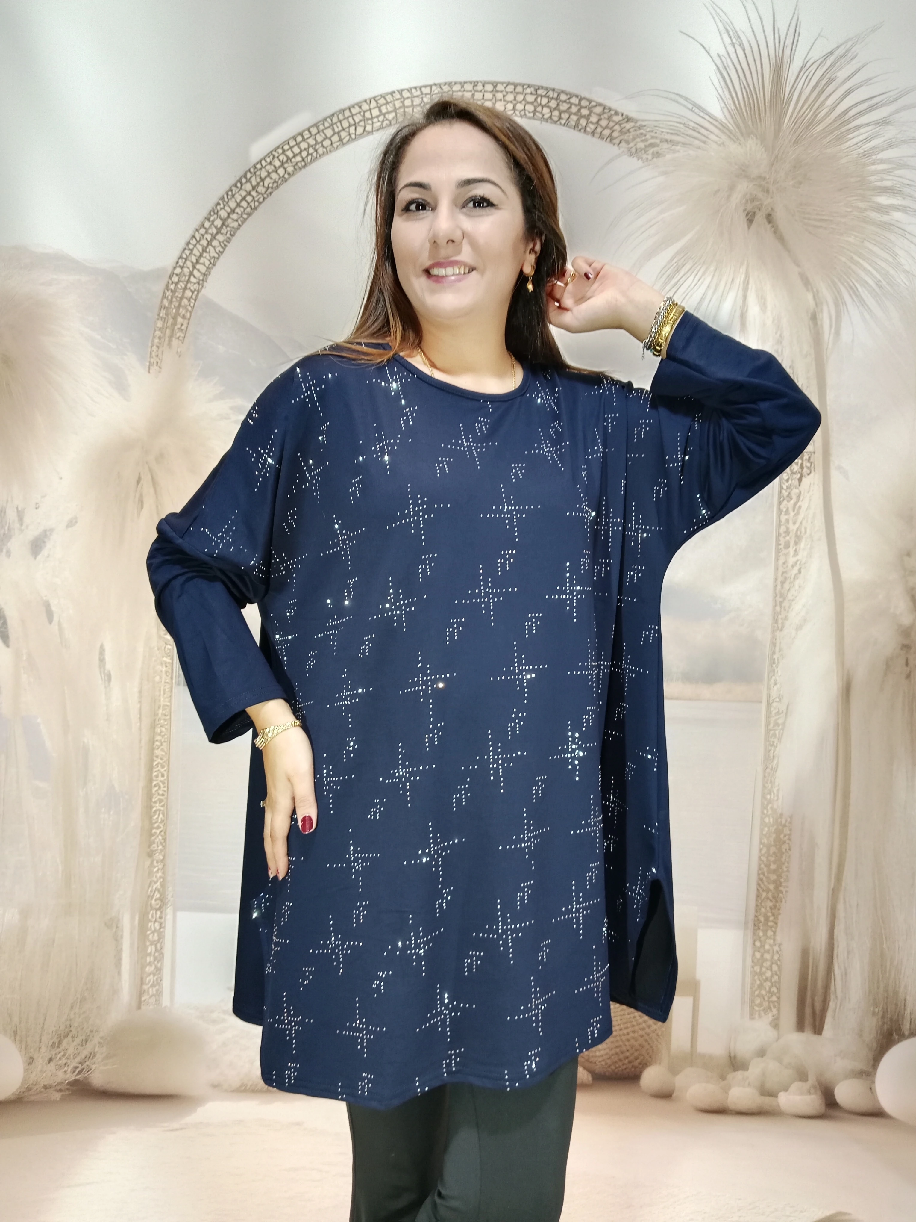 239. Yıldız taşlı salaş kristal bluz  - LACİVERT