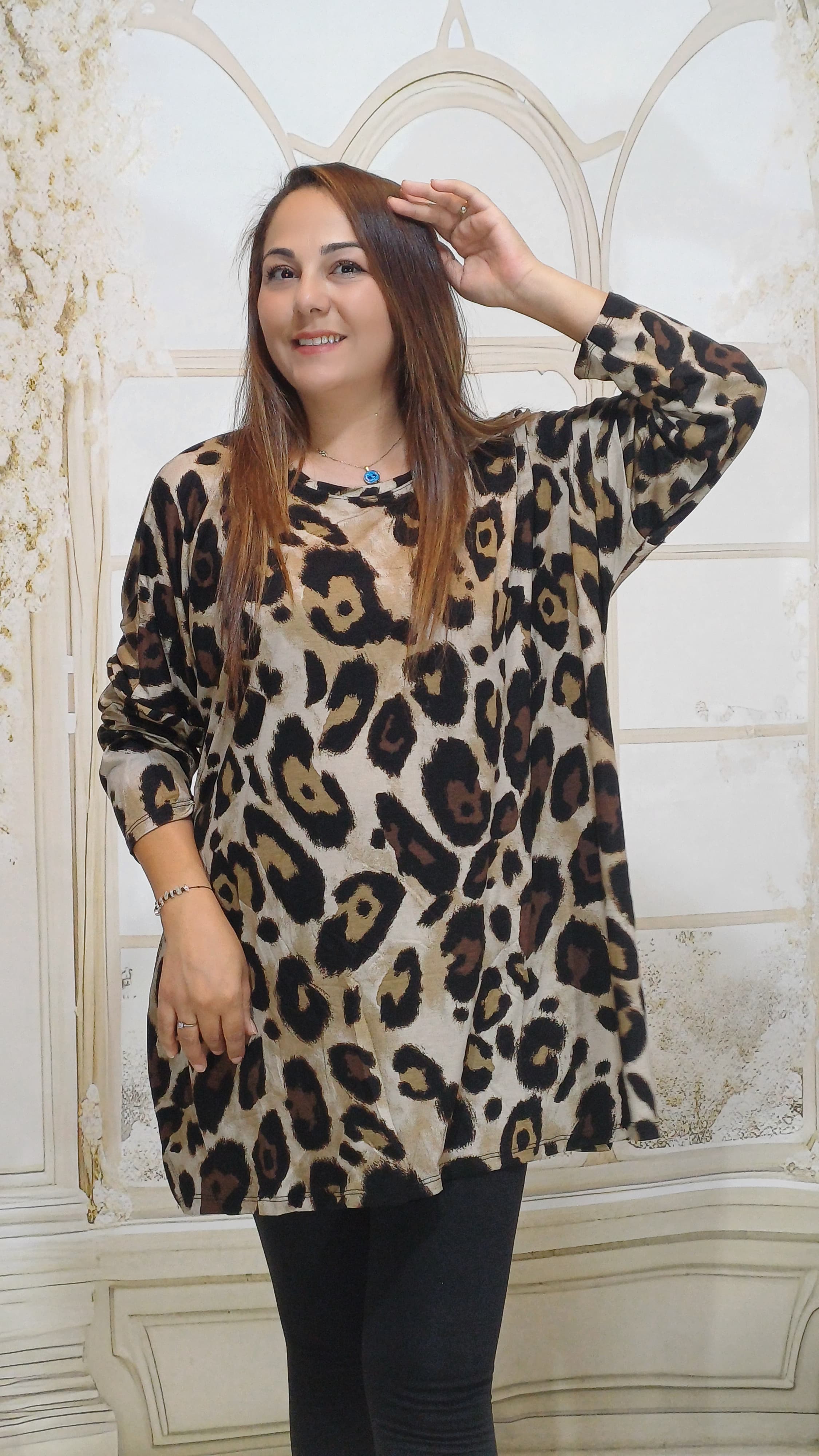 238.Battal bedene uyumlu penye viskon uzun kol tunik- Standart - kahve leopar