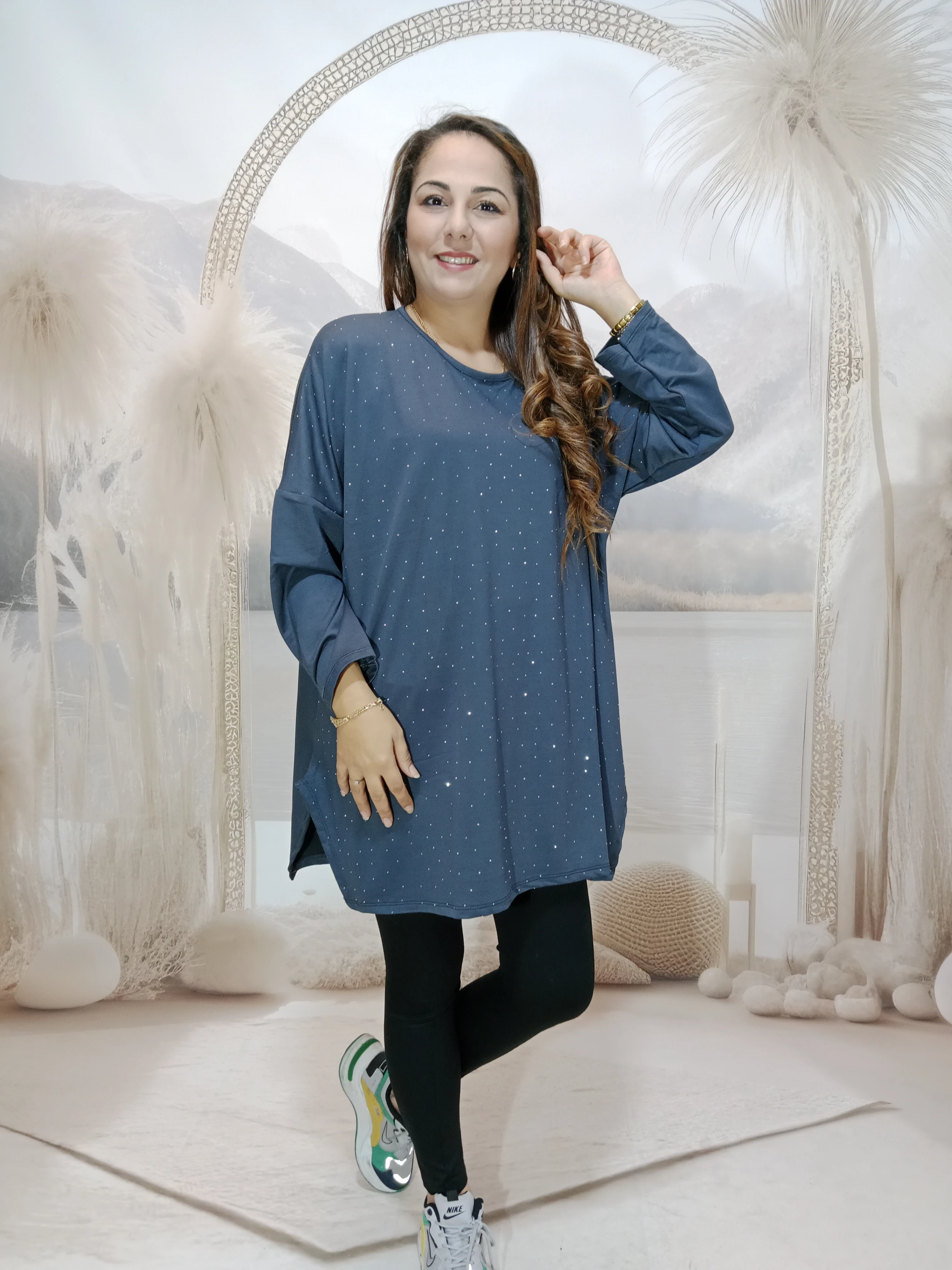 239. Damla taşlı salaş kristal penye viskon bluzlar - GRİ