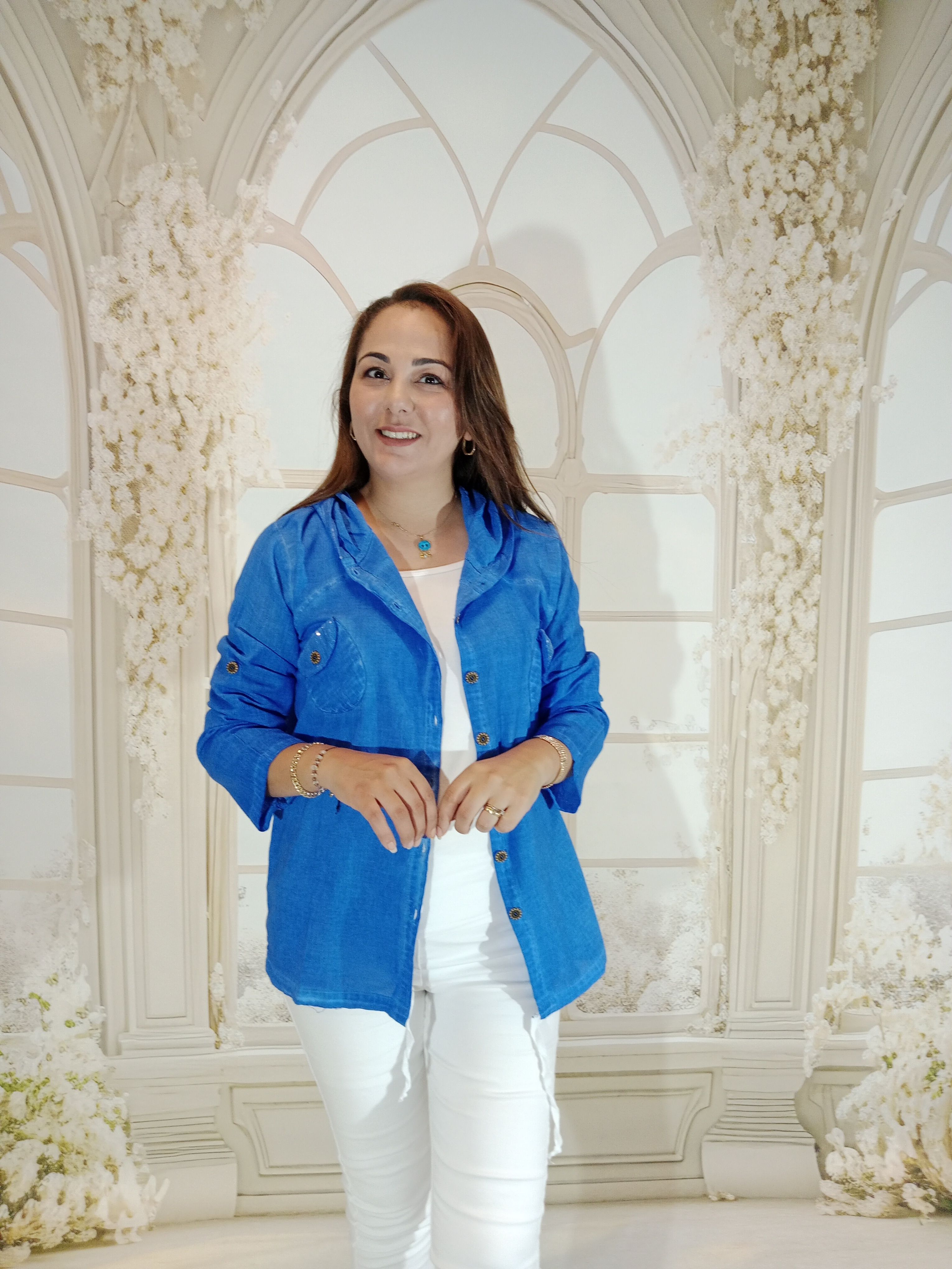BÜYÜK BEDEN PAYET CEPLİ KAPŞONLU KETEN - SAKS MAVİ