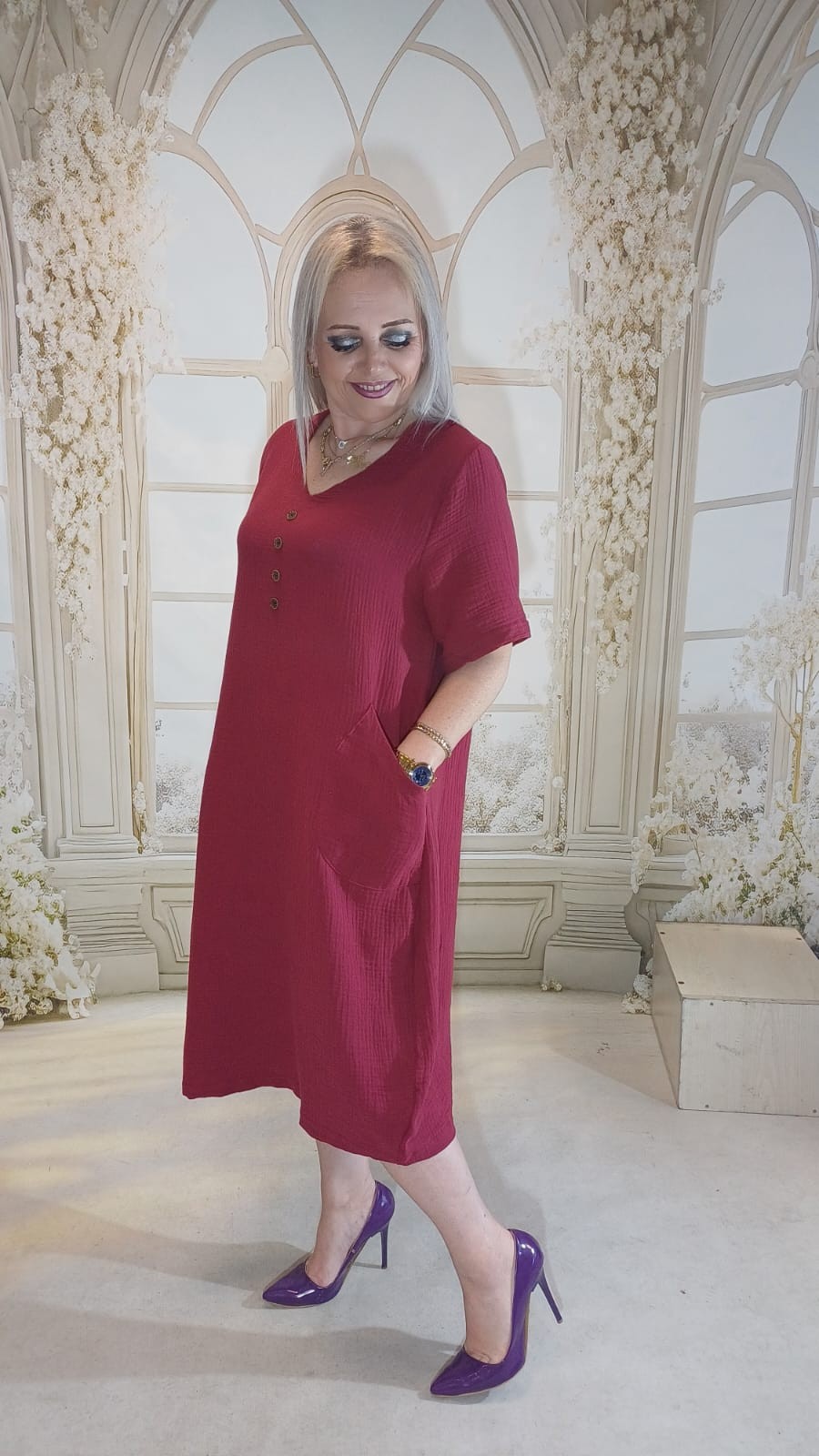 MÜSLİM KETEN ELBİSE - BORDO