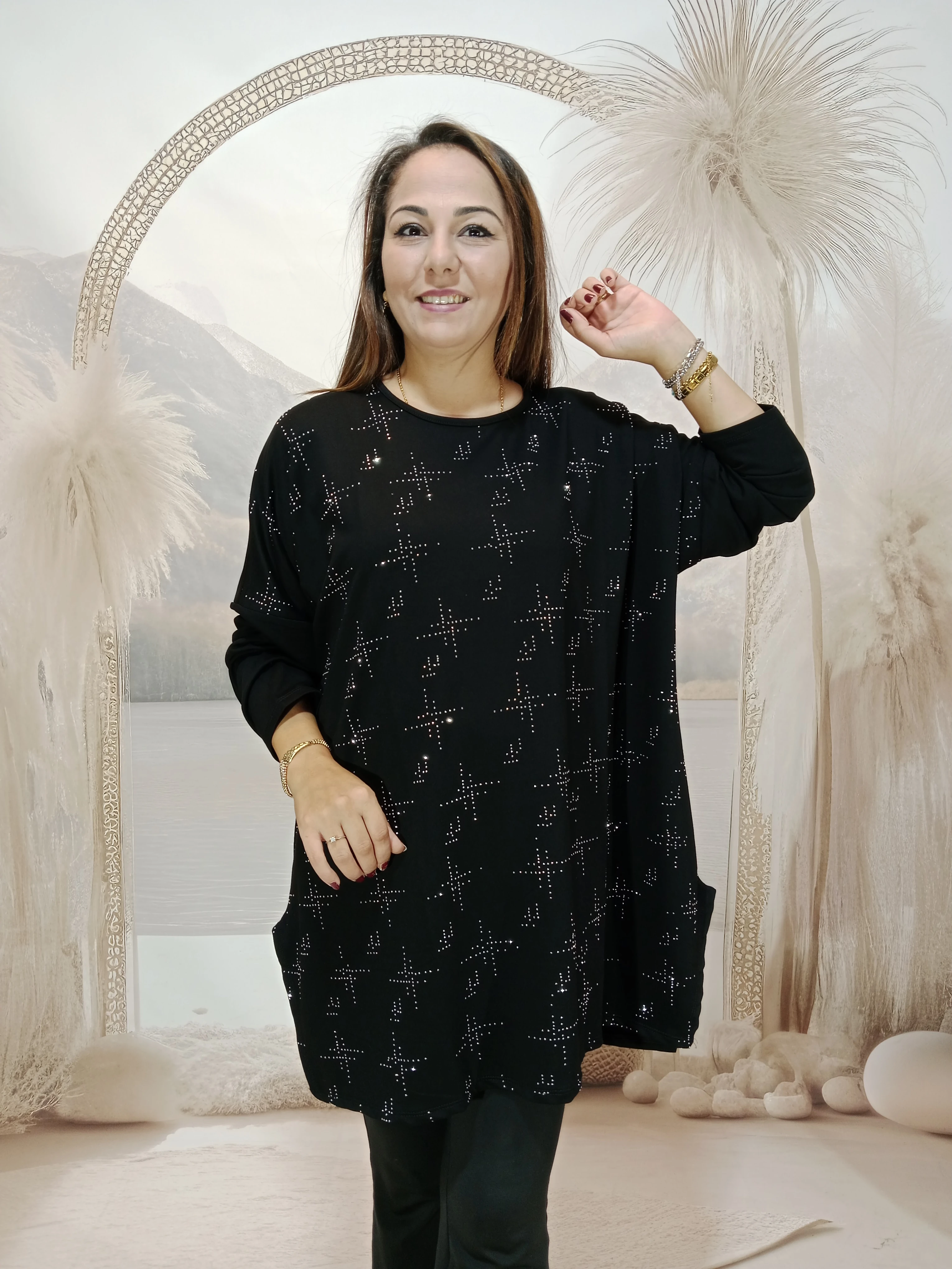 239. Yıldız taşlı salaş kristal bluz  - siyah