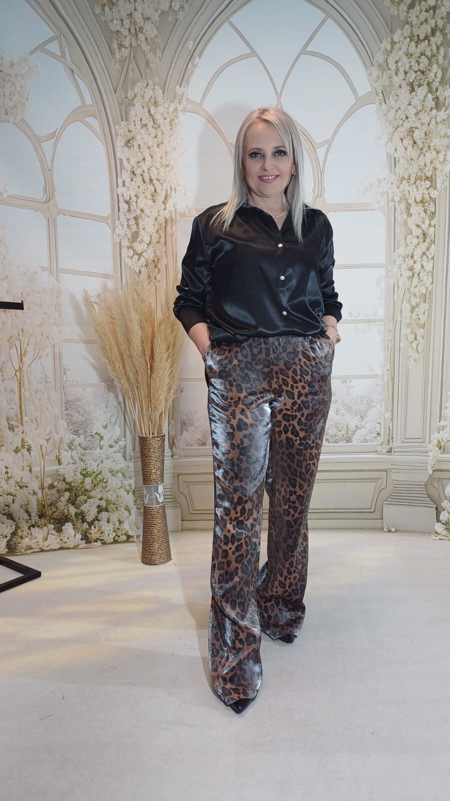 leopar desen saten pantalon