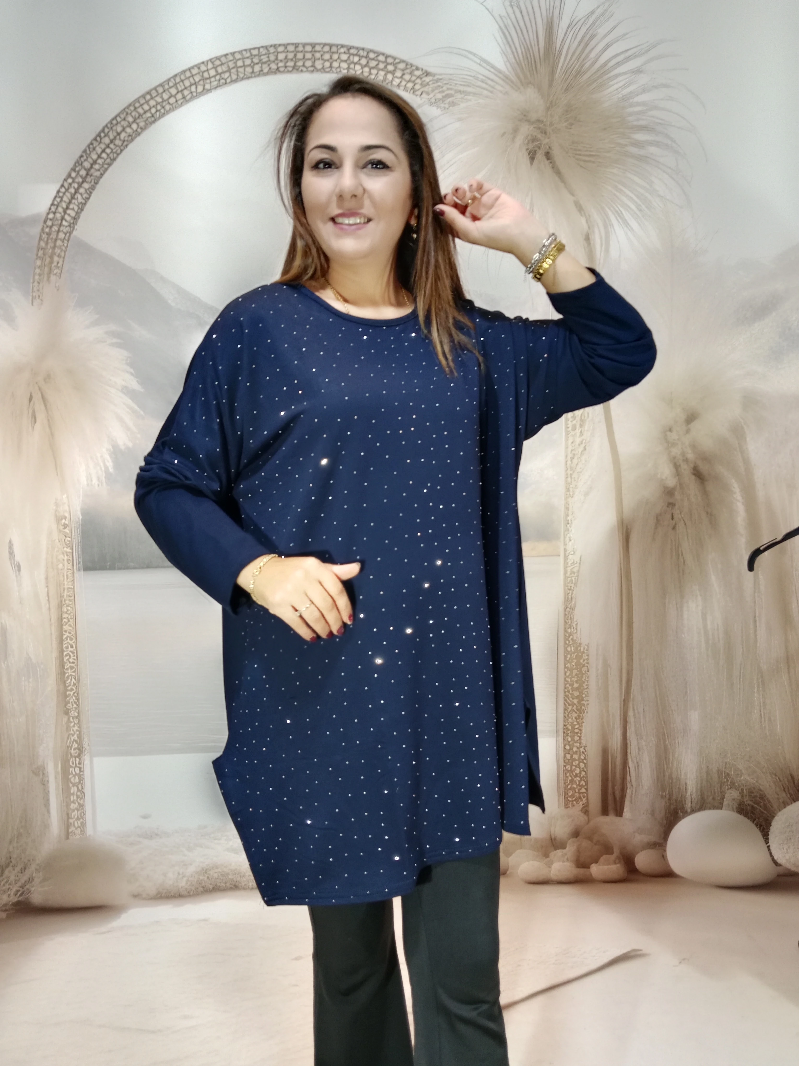 239. Damla taşlı salaş kristal penye viskon bluzlar - LACİVERT