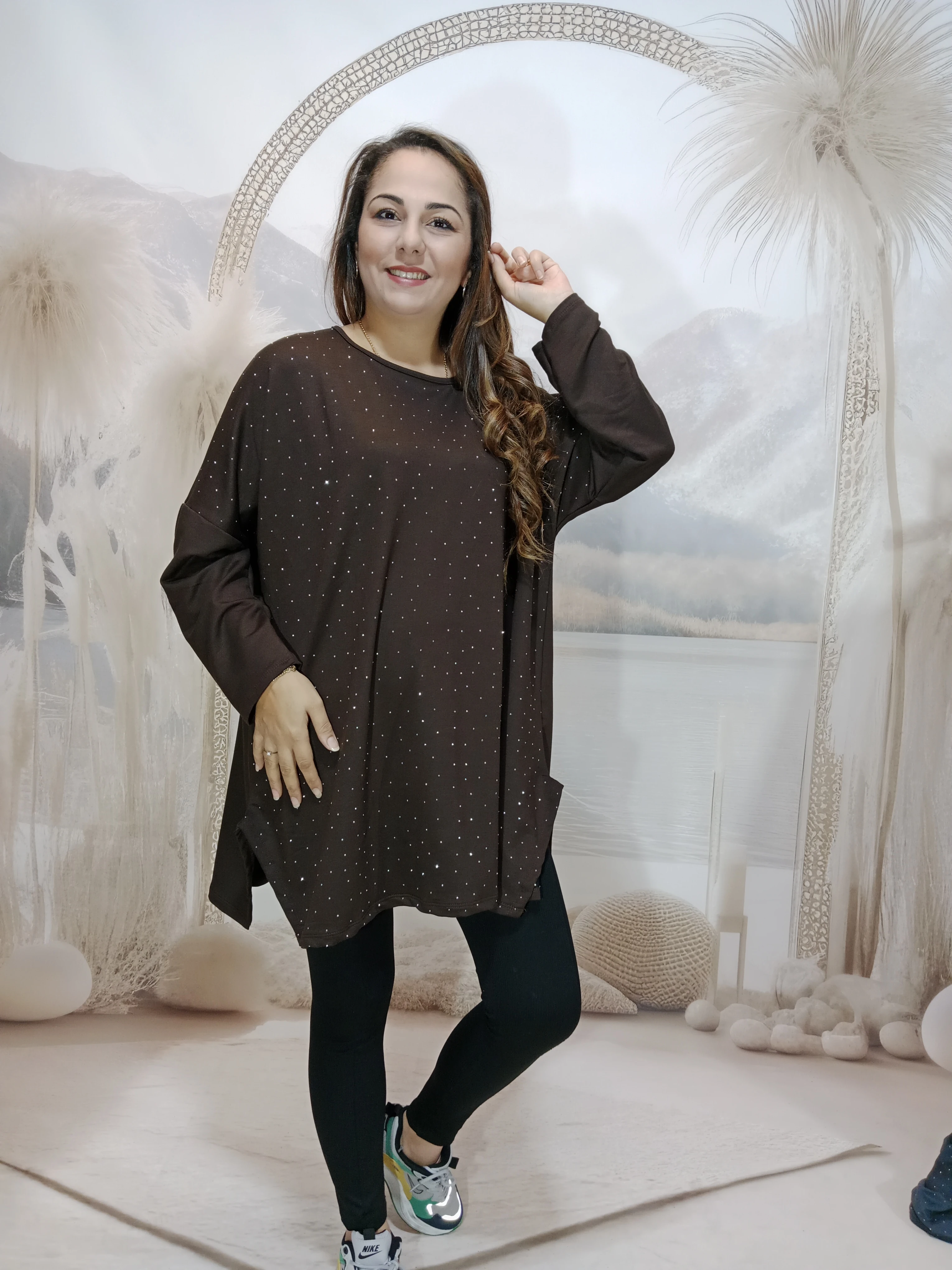 239. Damla taşlı salaş kristal penye viskon bluzlar - KAHVE