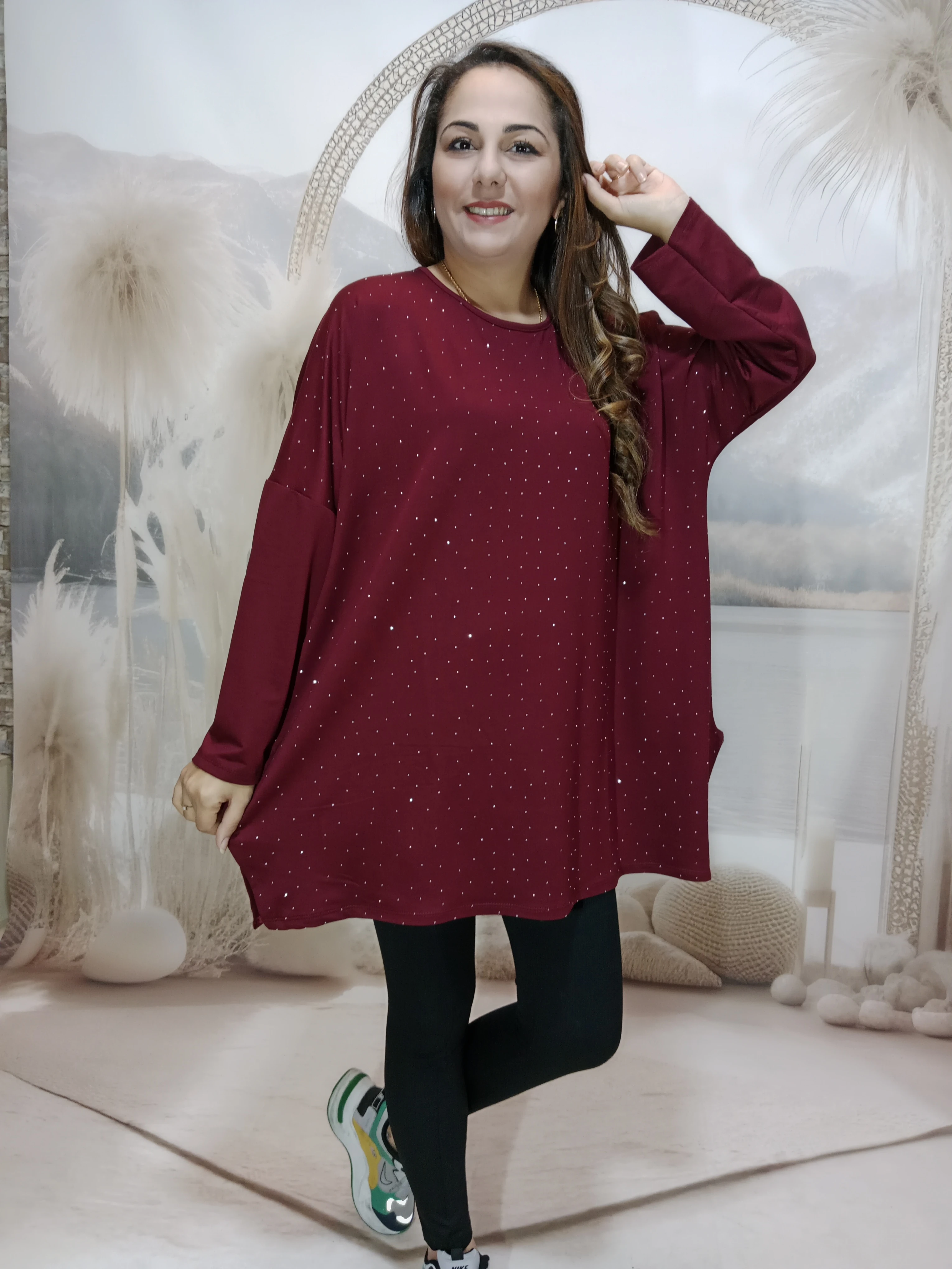 239. Damla taşlı salaş kristal penye viskon bluzlar - BORDO