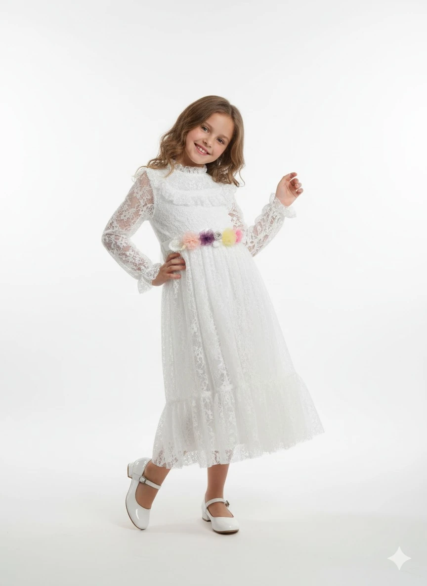 Çiçekli uzun kolu tüllü elbise