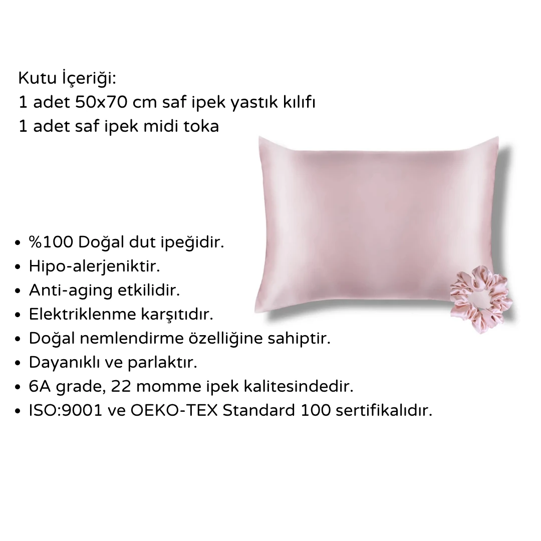 2'li Set-Saf İpek Yastık Kılıfı & İpek Saç Tokası Seti-Cherry Blossom