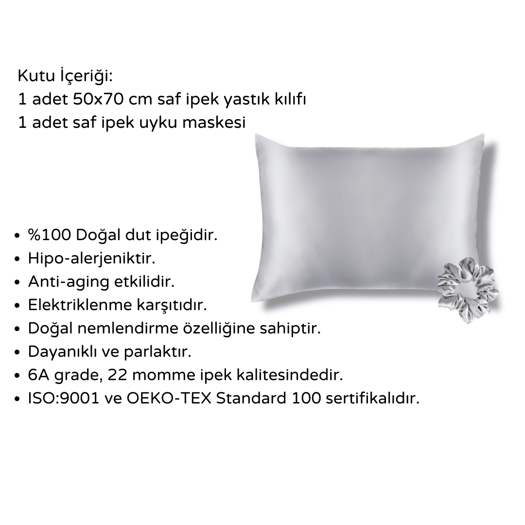 2'li Saf İpek Yastık Kılıfı & İpek Saç Tokası Seti-Silver Cloud