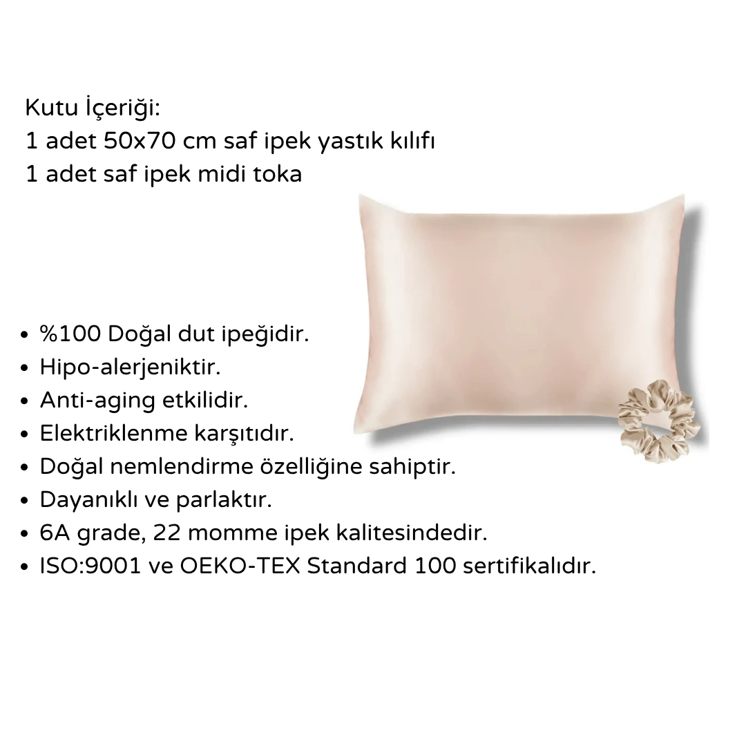 2'li Set-Saf İpek Yastık Kılıfı & İpek Saç Tokası Seti-Champagne