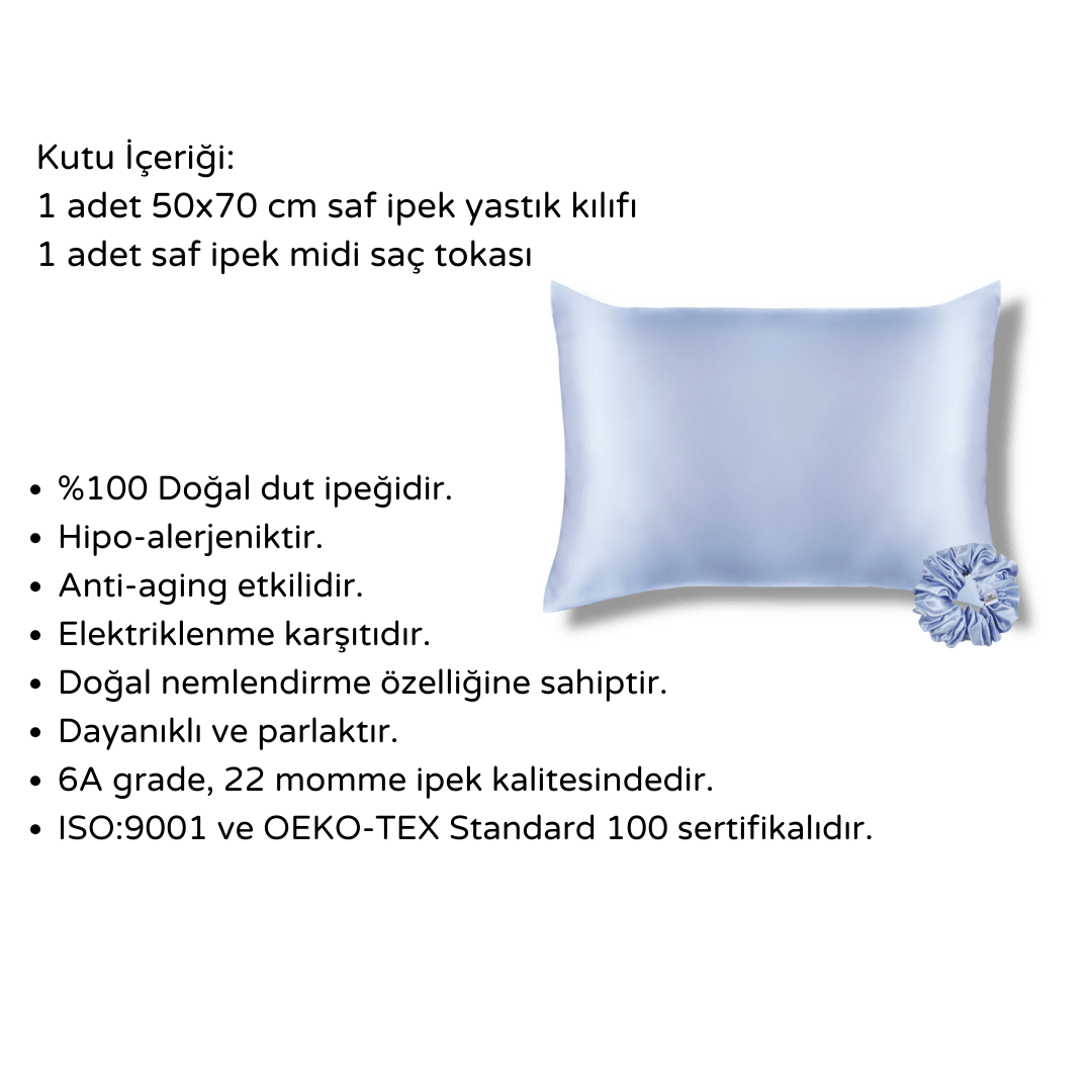 2'li Saf İpek Yastık Kılıfı & İpek Saç Tokası Seti-Blue Sky
