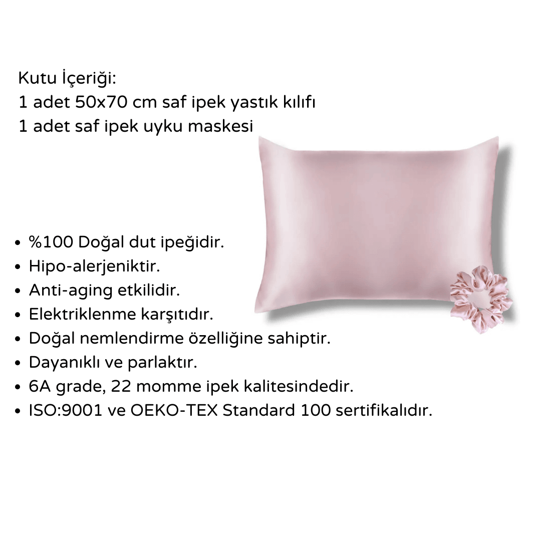 2'li Saf İpek Yastık Kılıfı & İpek Saç Tokası Seti-Cherry Blossom