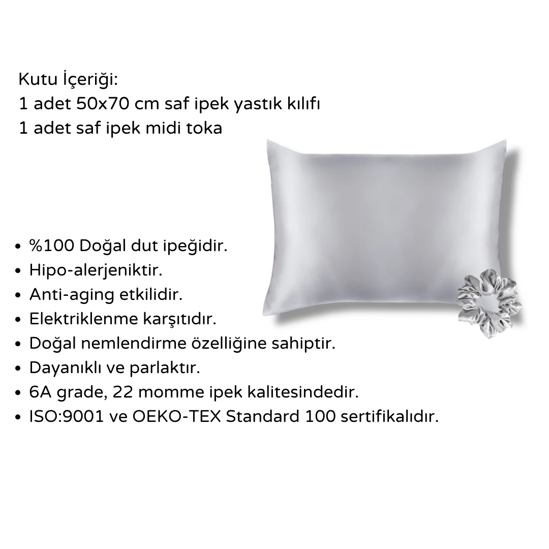 2'li Set-Saf İpek Yastık Kılıfı & İpek Saç Tokası Seti-Silver Cloud
