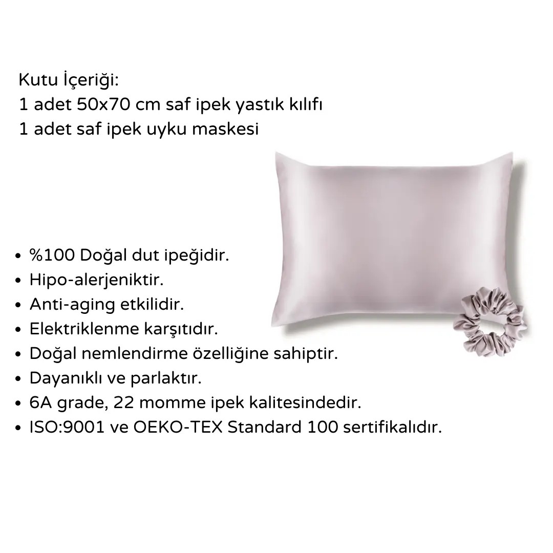 2'li Saf İpek Yastık Kılıfı & İpek Saç Tokası Seti-Taro