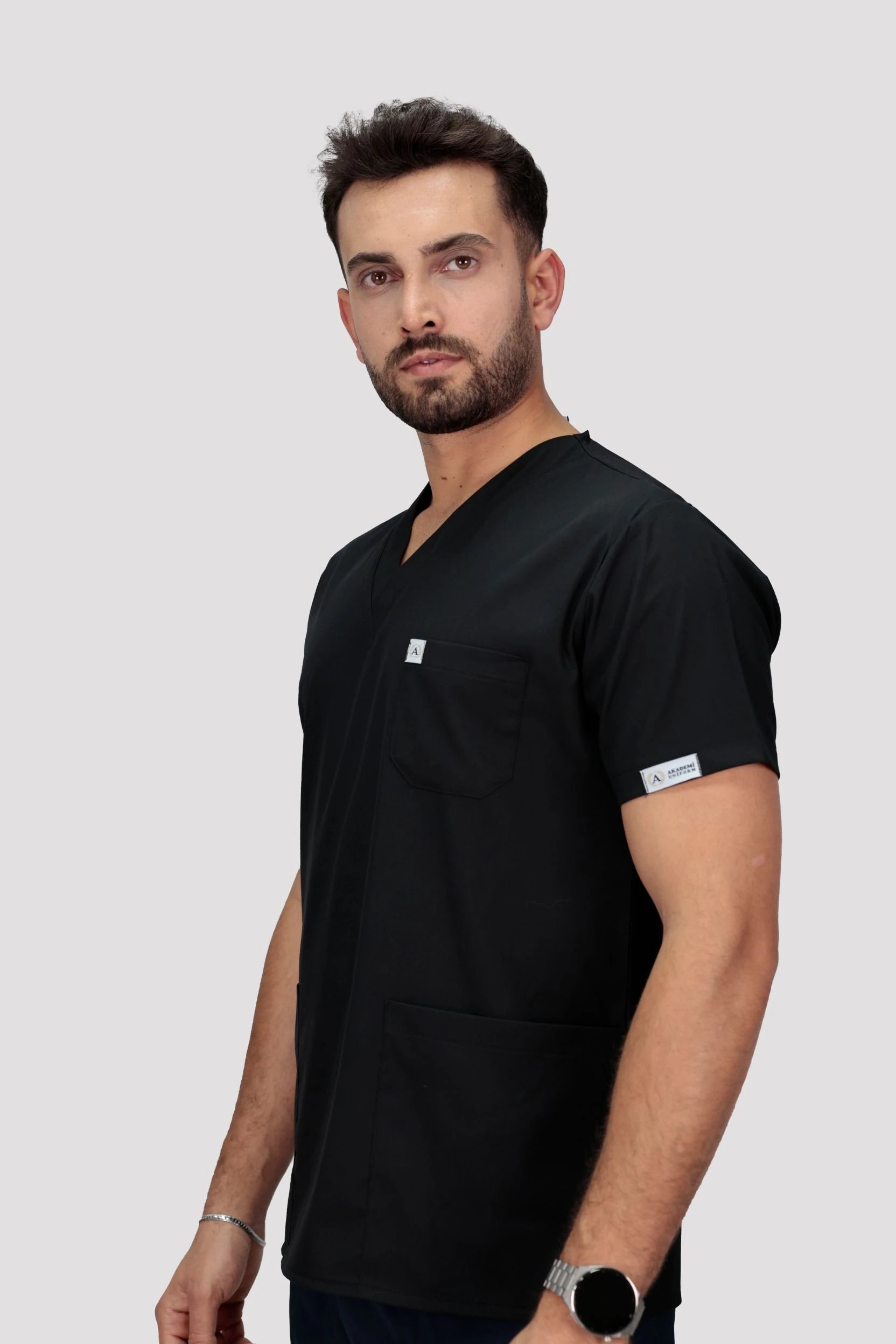 Classic Erkek Tek Üst Hastane Üniforması - Siyah