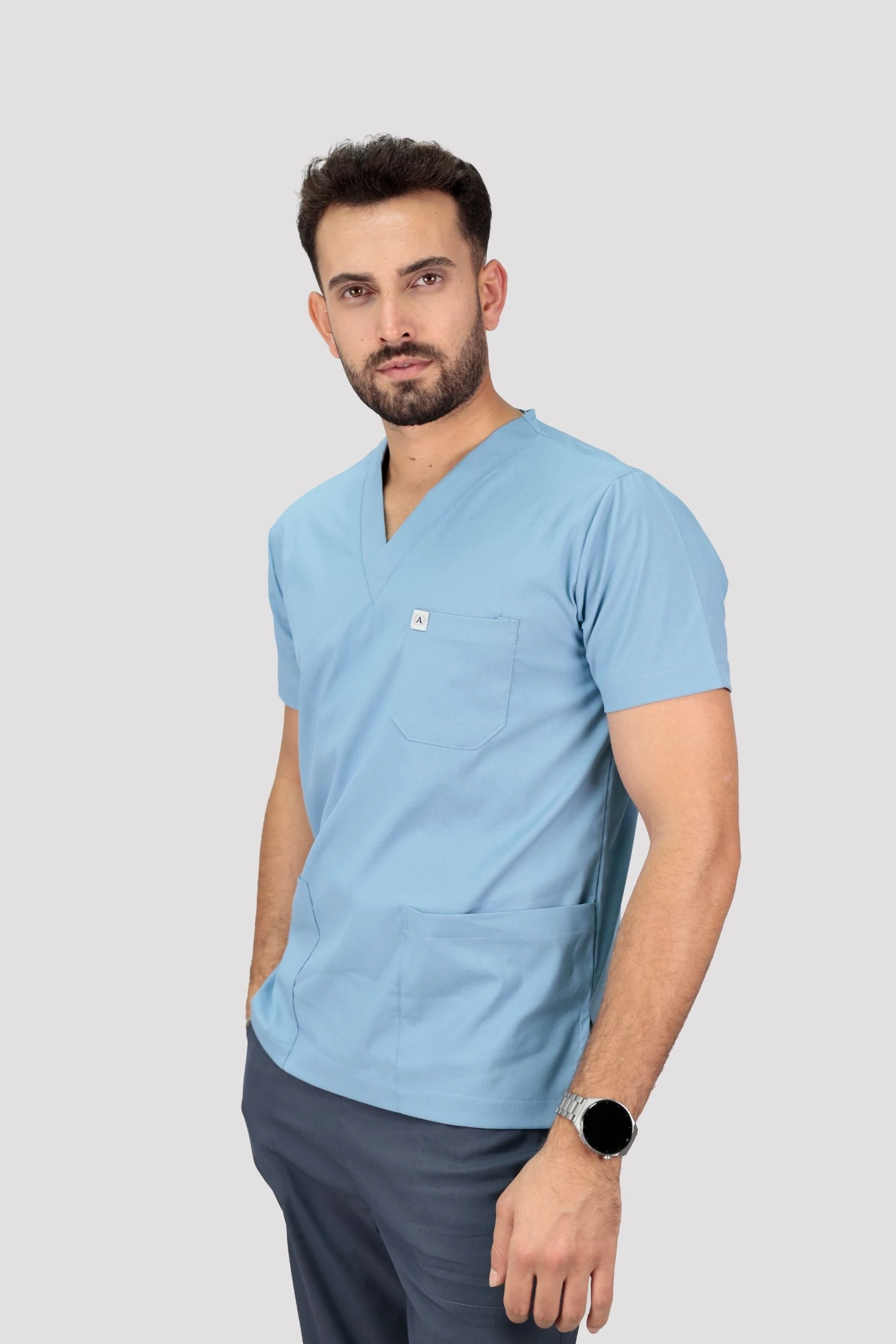 Classic Erkek Tek Üst Hastane Üniforması - Buz Mavisi