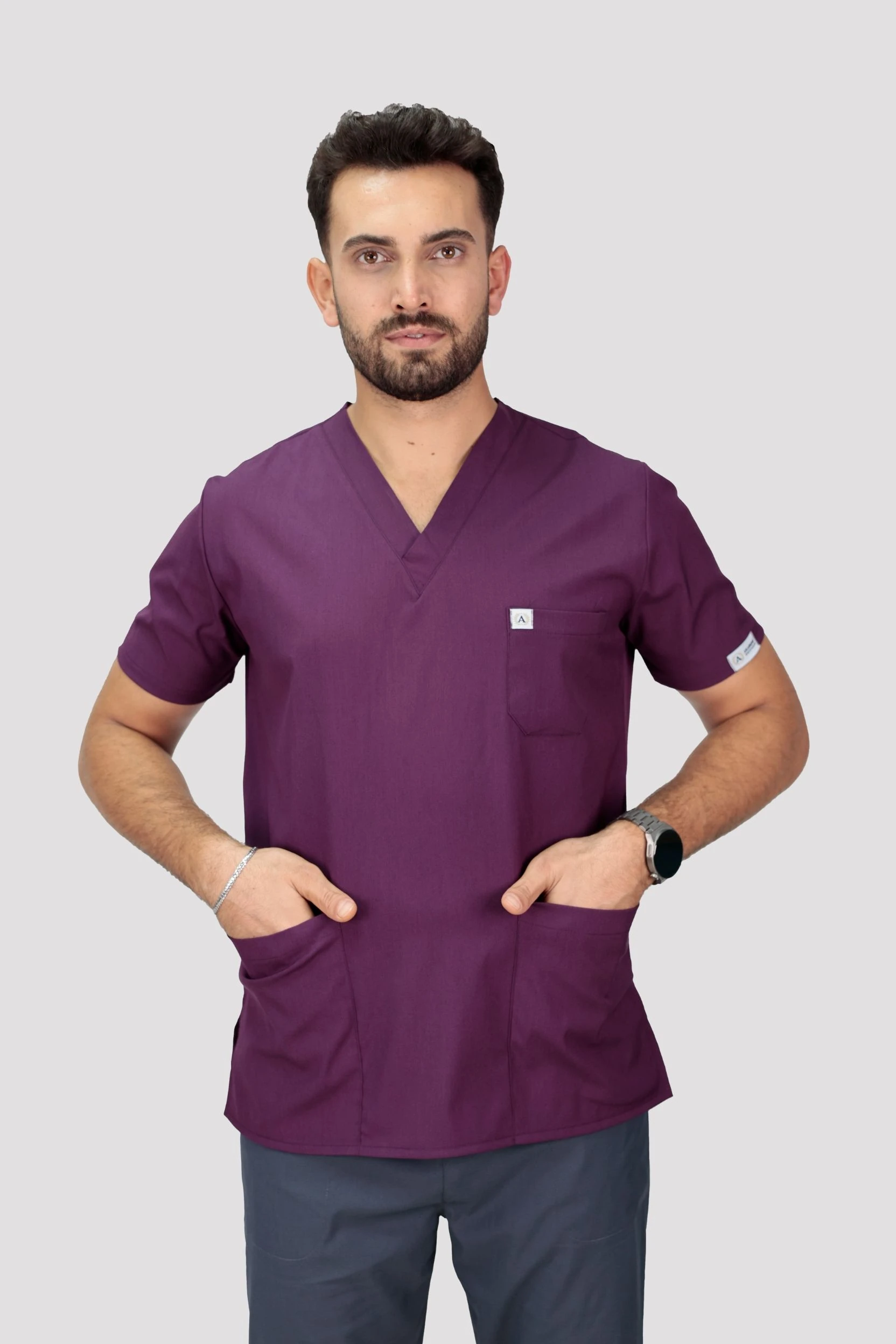 Classic Erkek Tek Üst Hastane Üniforması - Mürdüm