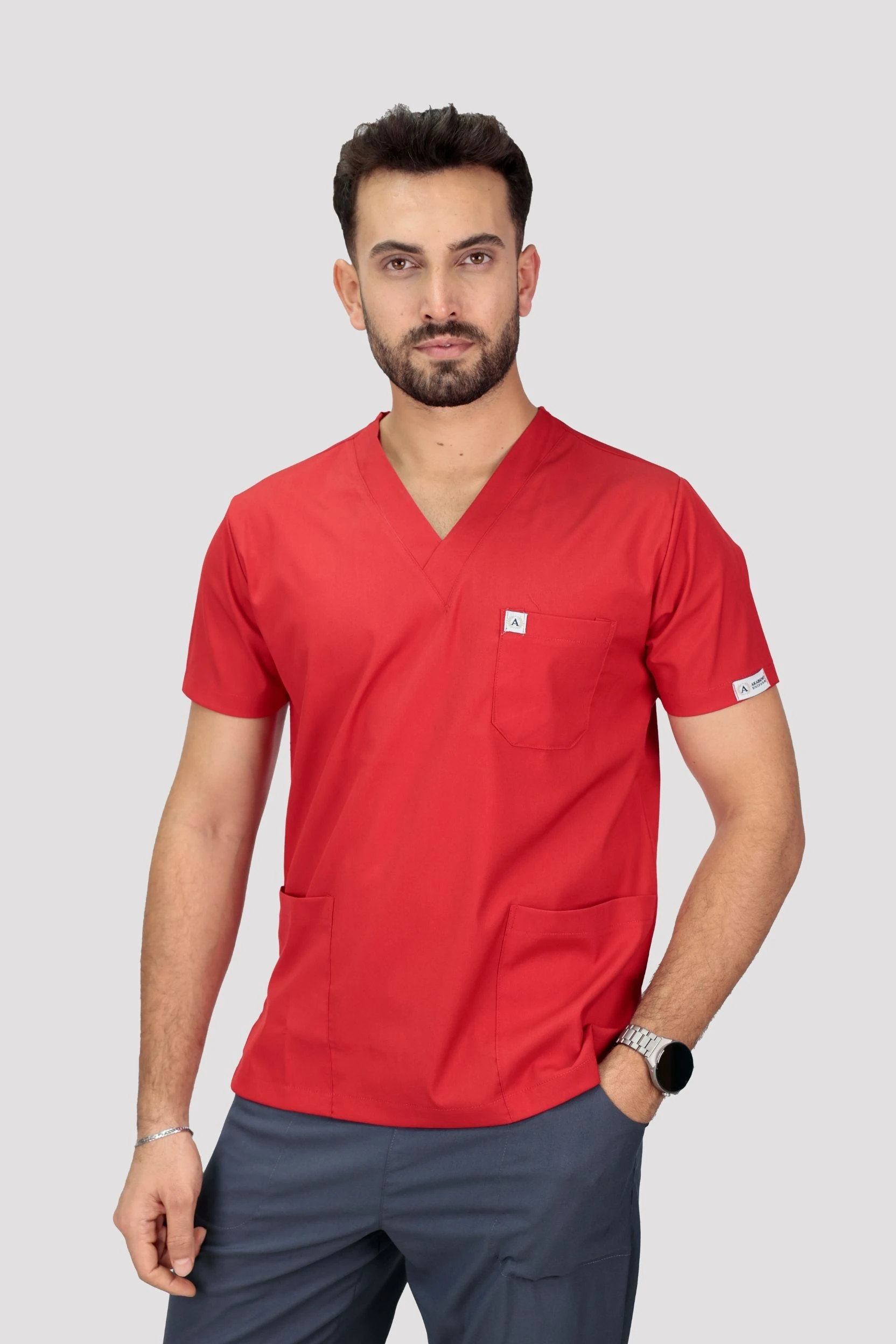Classic Erkek Tek Üst Hastane Üniforması - Kırmızı