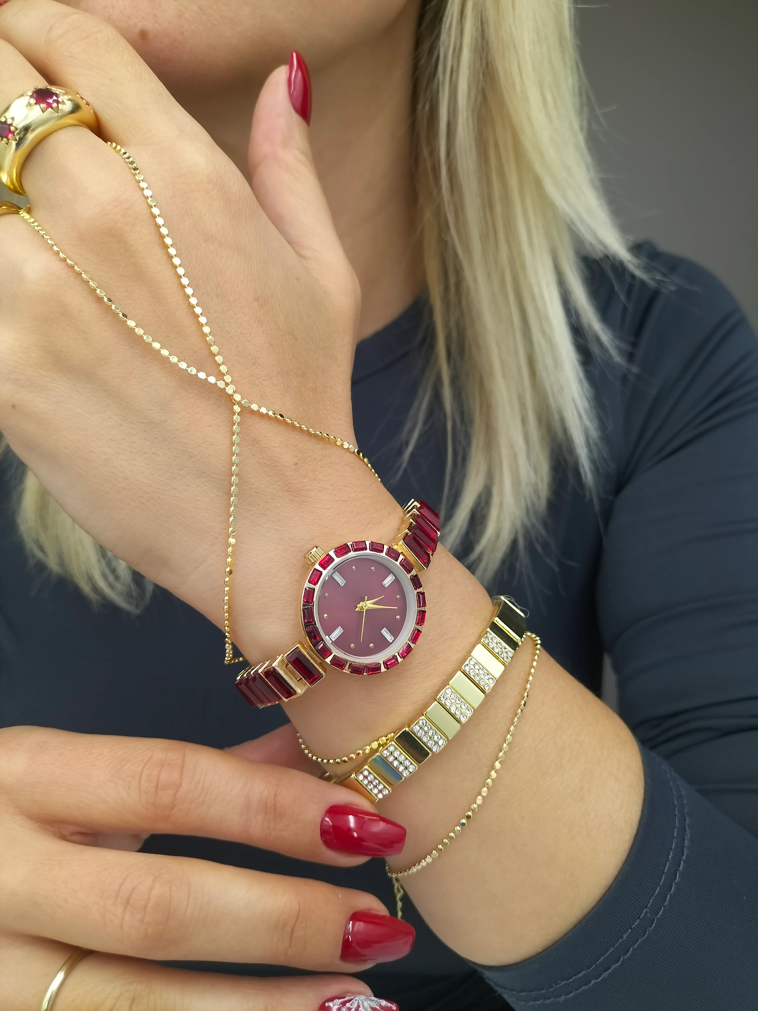 Gold Bordo Savaroski Taşlı Saat 