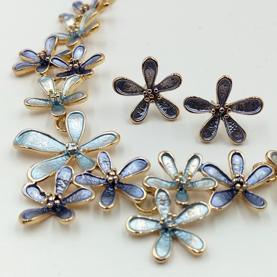 Gold Sedefli Mavi Yeşil Çiçek Kolye Küpe Takım