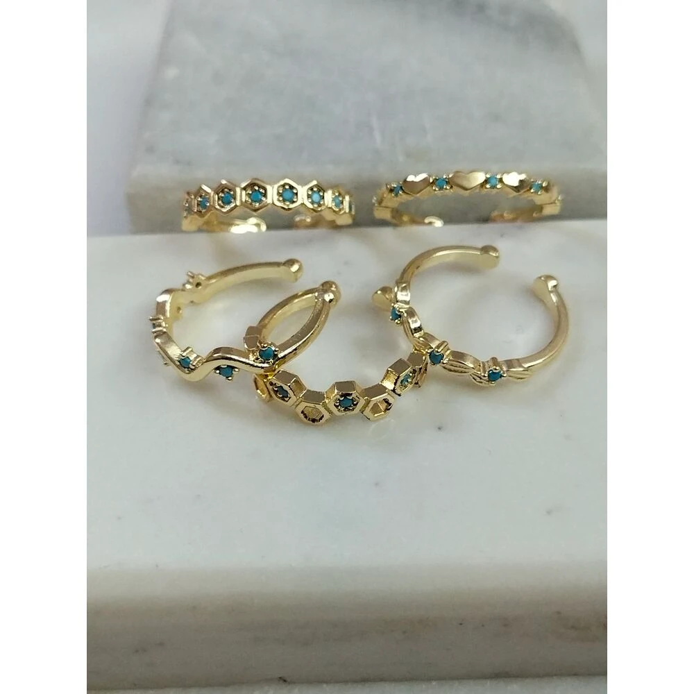 Gold Mavi Mineli Beşli Yüzük Kombin image