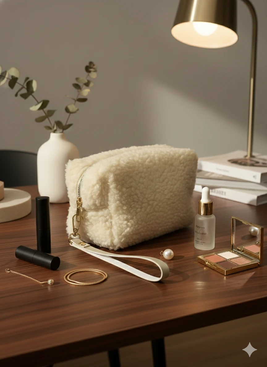 Ekru Kuzu Çok Amaçlı Makyaj Çantası 