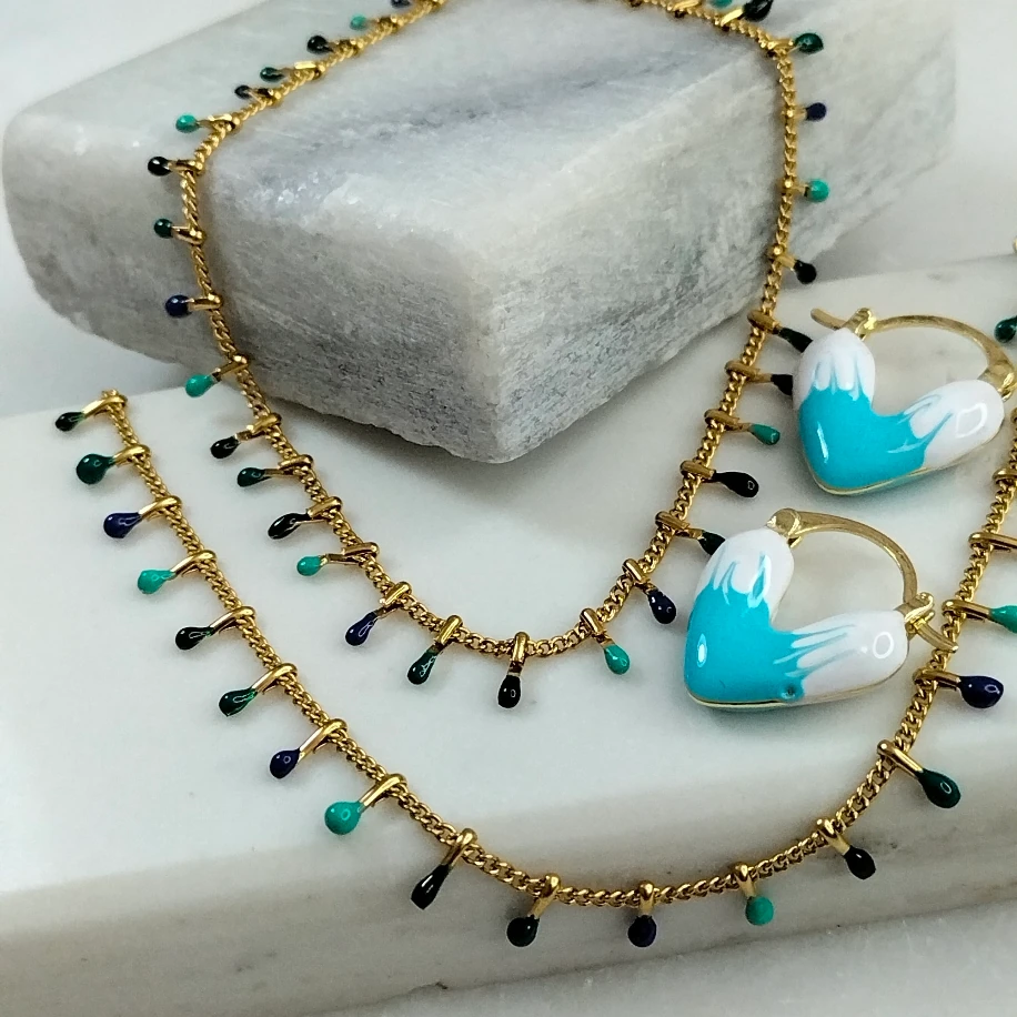 Gold Çelik Turkuaz Kolye Küpe Halhal Kombin