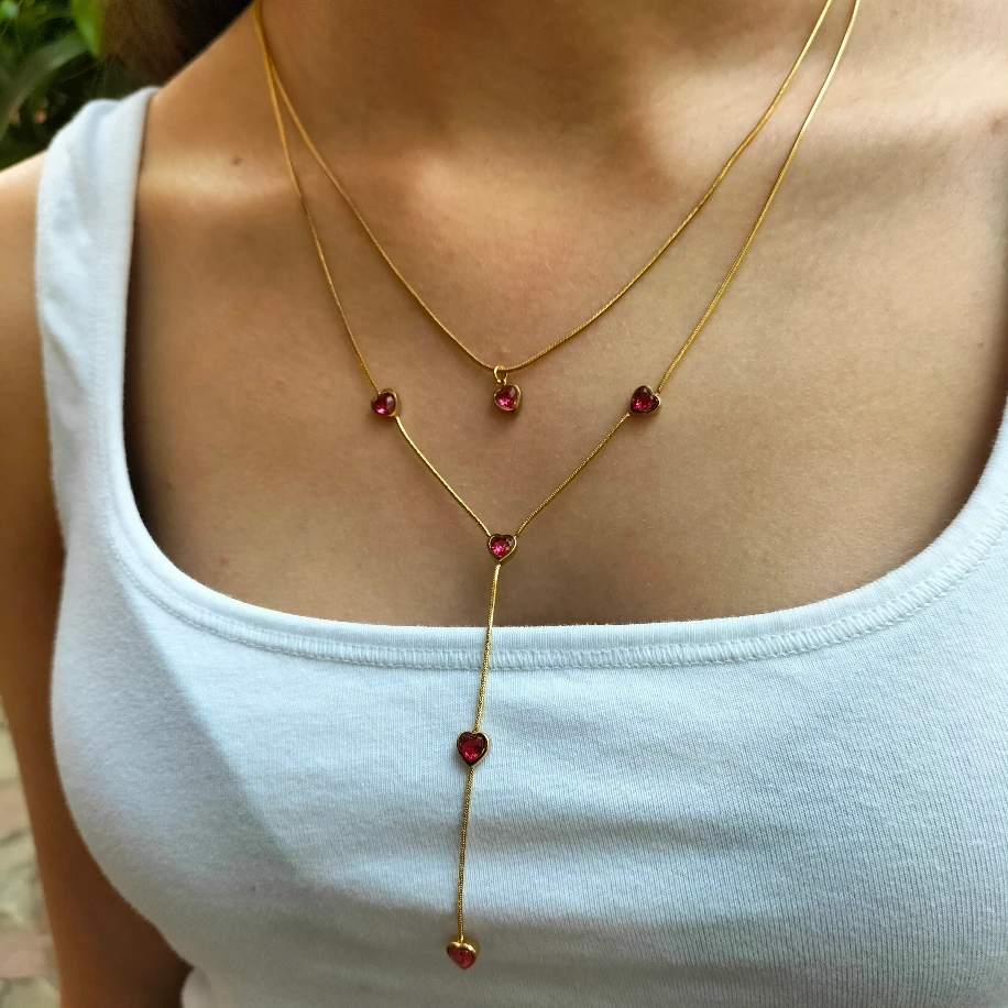 Gold Çelik Kristal Taşlı Çift Sıra Kolye