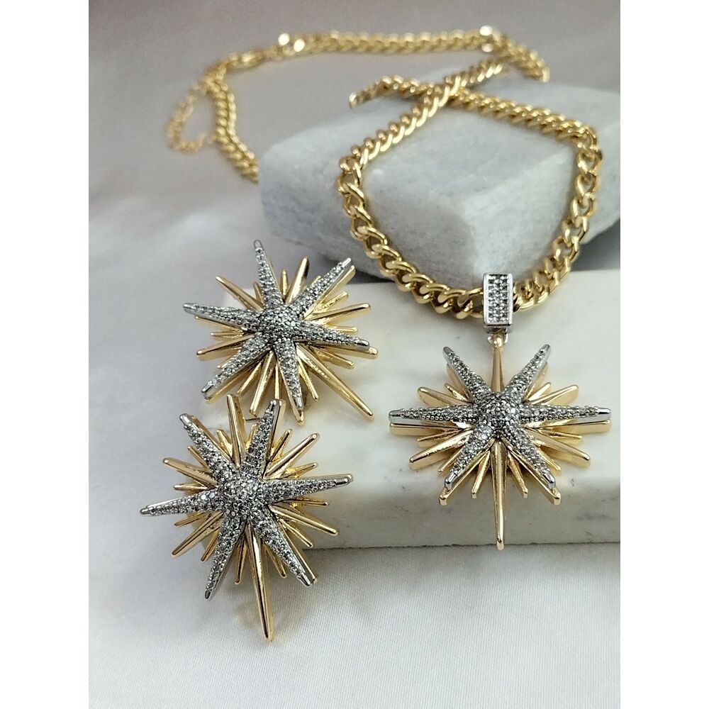 Gold Silver Zirkon Taşlı Kuzey Yıldızı Kolye Küpe Takım image
