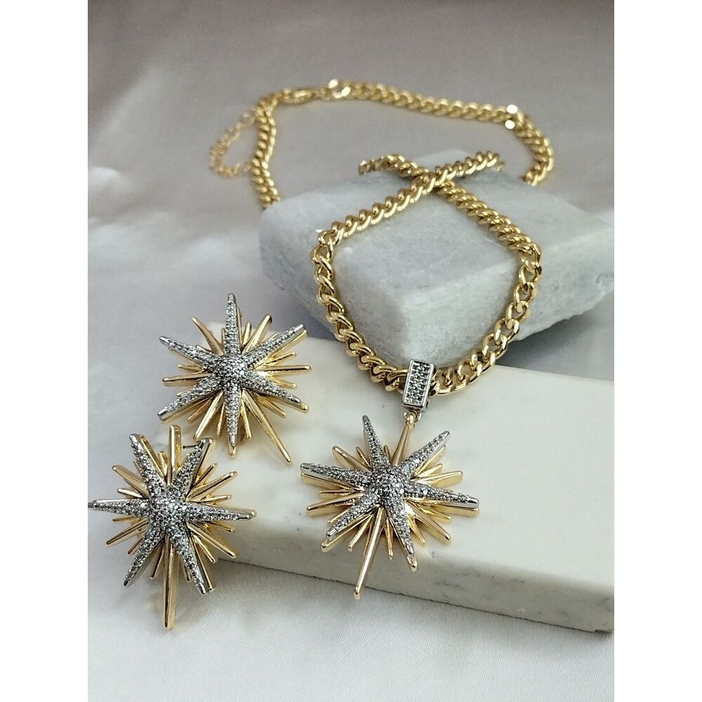 Gold Silver Zirkon Taşlı Kuzey Yıldızı Kolye Küpe Takım