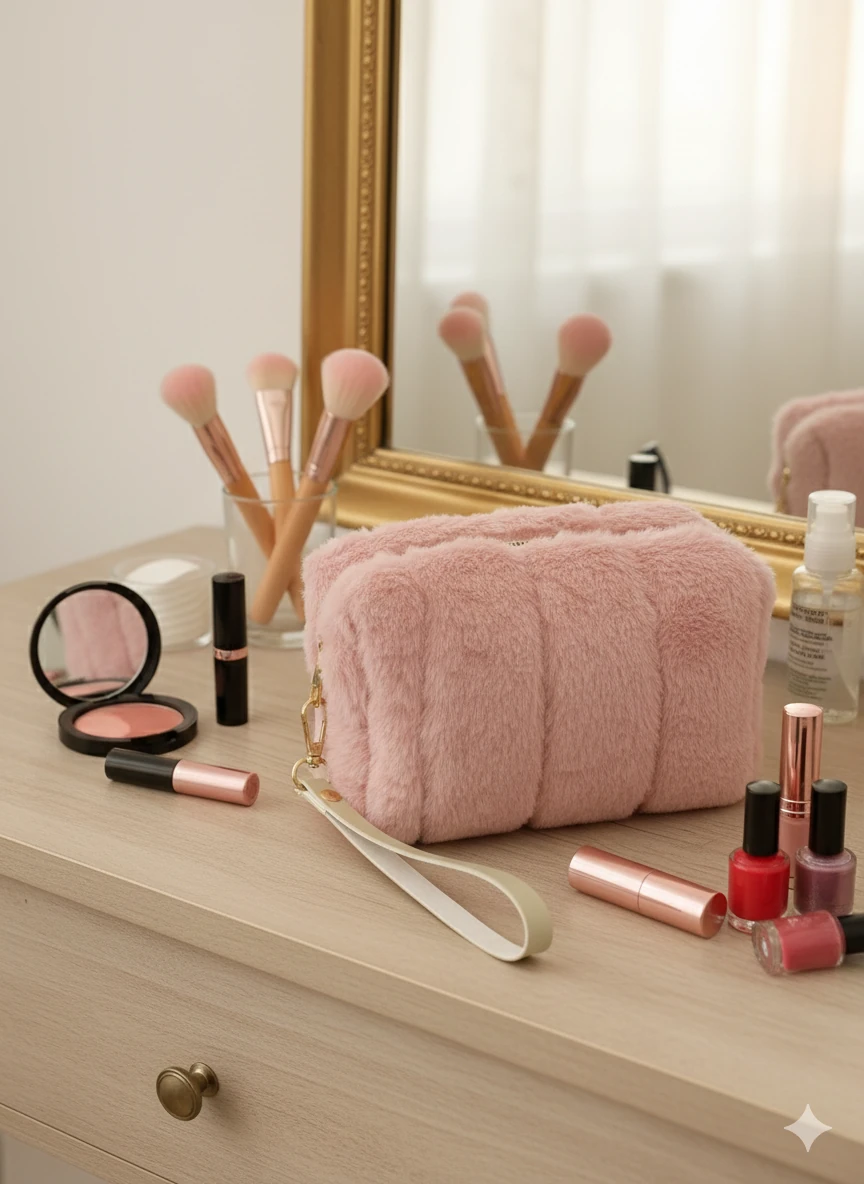 Pembe Peluş Çok Amaçlı Makyaj Çantası  image