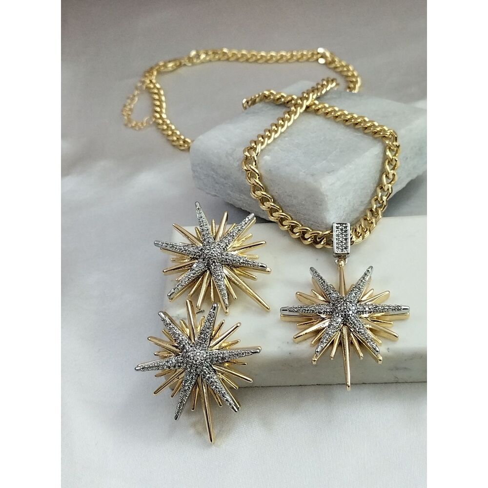 Gold Silver Zirkon Taşlı Kuzey Yıldızı Kolye Küpe Takım