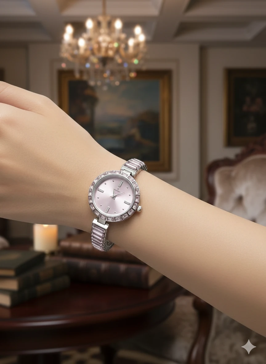 Silver Pembe Savaroski Taşlı Saat  image