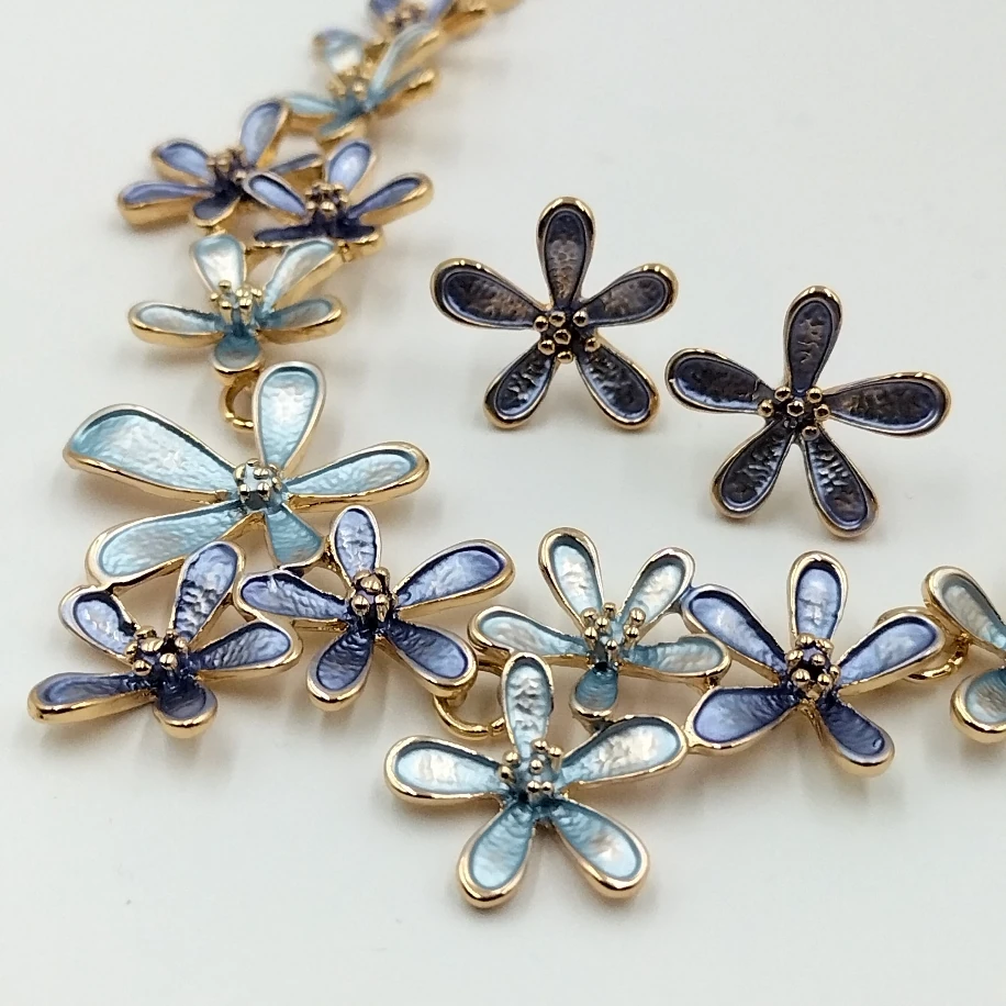 Gold Sedefli Mavi Yeşil Çiçek Kolye Küpe Takım