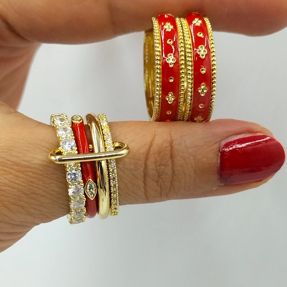 Gold Çoklu Kırmızı Mineli Yüzük