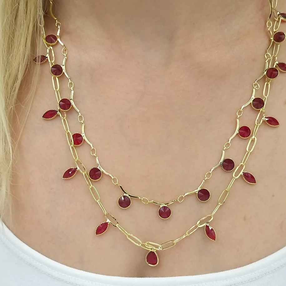 Gold Kırmızı Kristal Taşlı Tek Kilitte Çift Sıra Kolye image