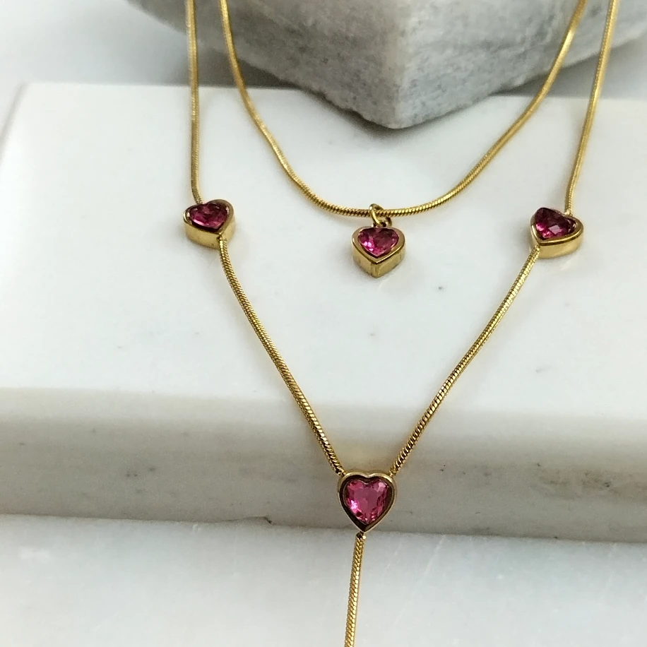 Gold Çelik Kristal Taşlı Çift Sıra Kolye