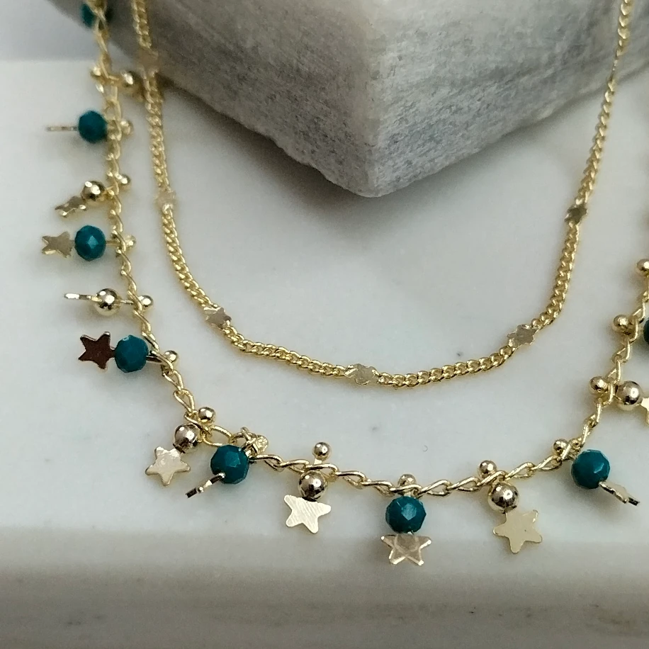 Gold Zümrüt Kristal Taşlı Yıldızlı Çift Sıra Kolye