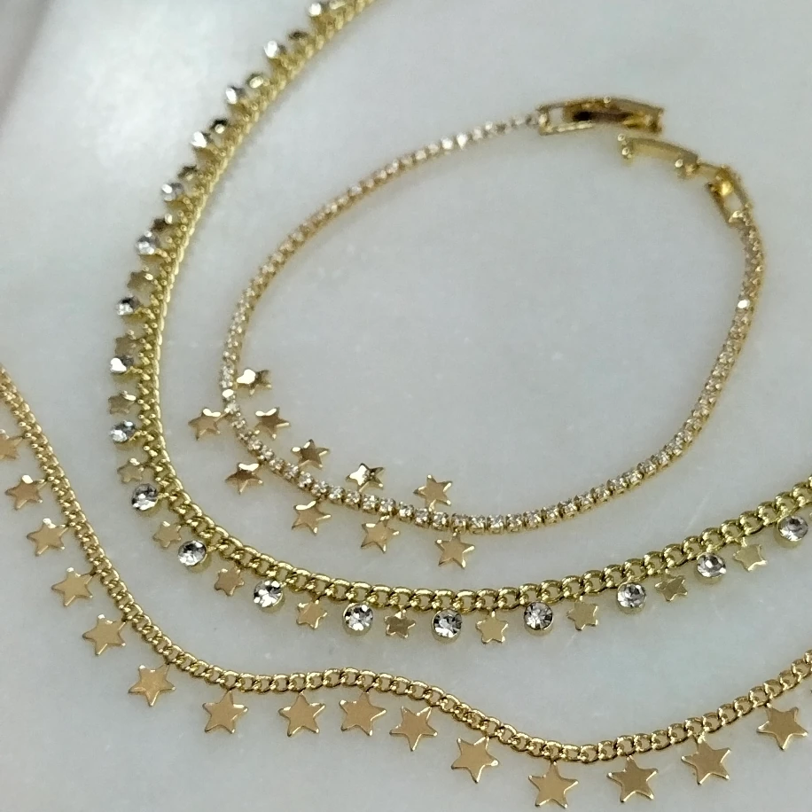 Gold Yıldızlı Kolye Bileklik Halhal Kombin