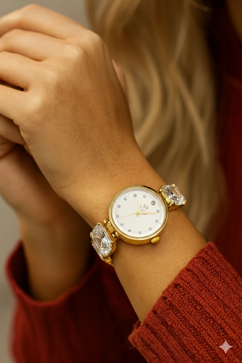 Gold Bayaz Savaroski Taşlı Saat  image