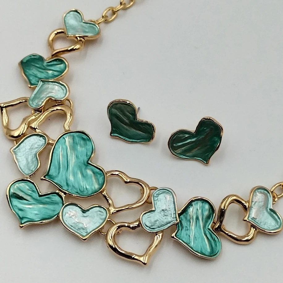 Gold Sedefli Turkuaz Kalpli Kolye Küpe Takım image