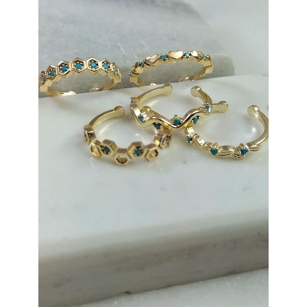 Gold Mavi Mineli Beşli Yüzük Kombin