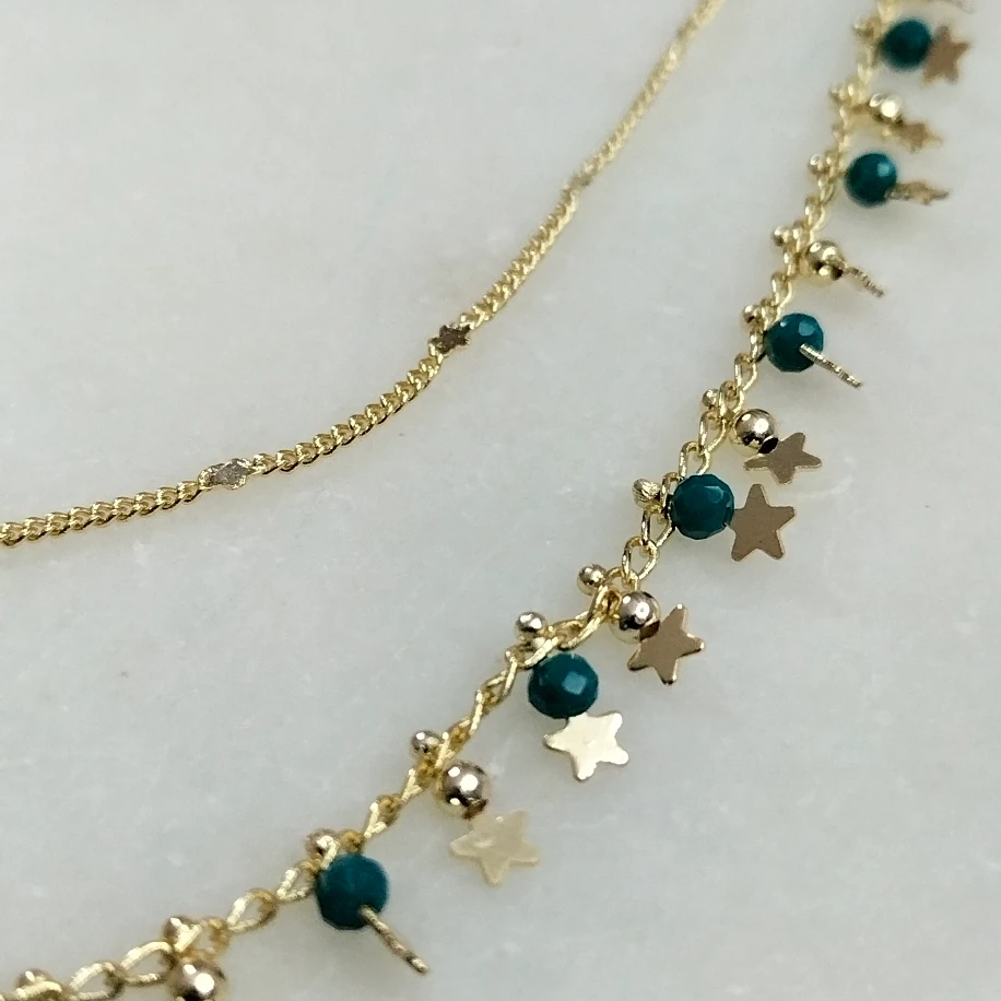 Gold Zümrüt Kristal Taşlı Yıldızlı Çift Sıra Kolye
