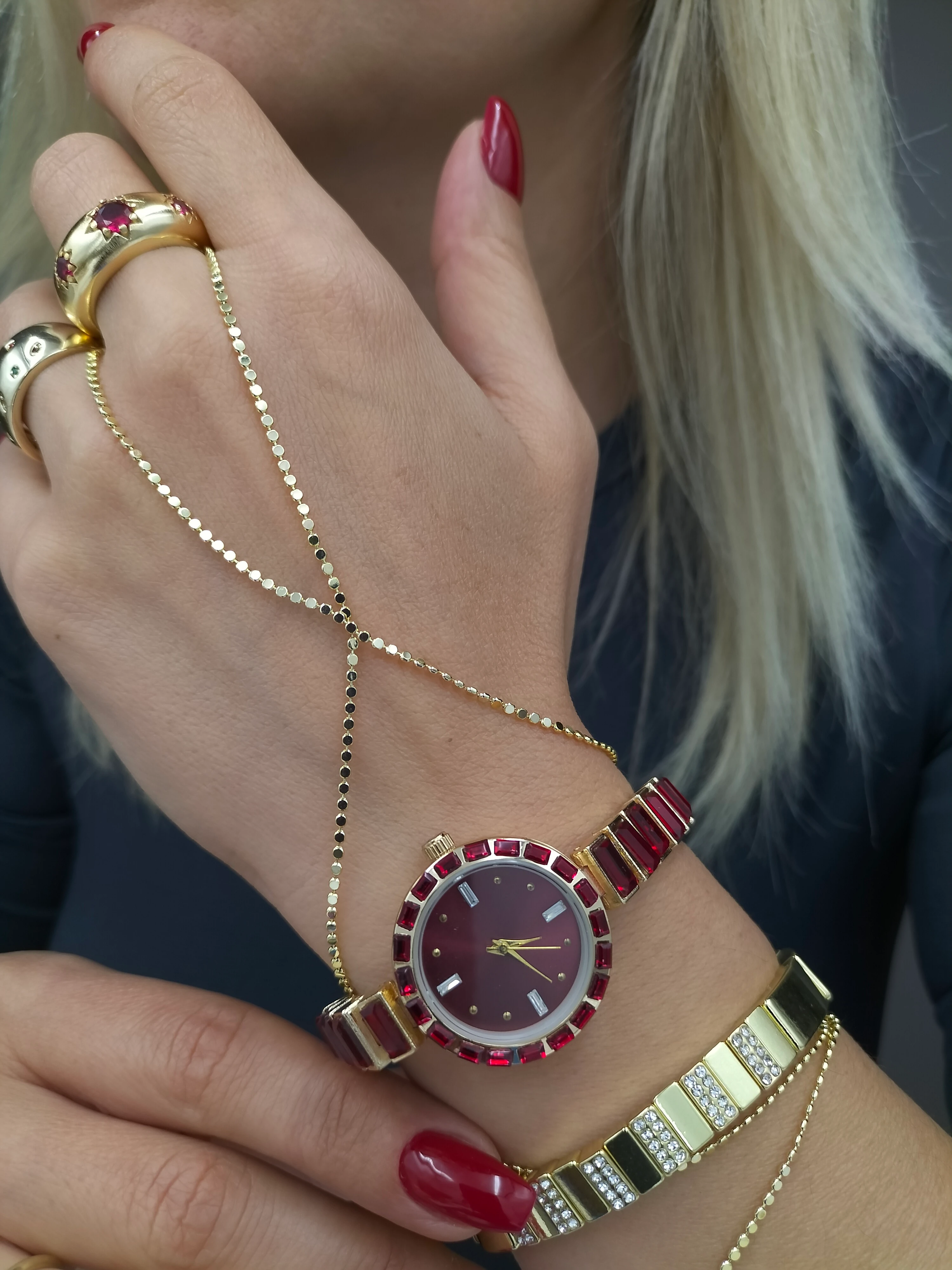 Gold Bordo Savaroski Taşlı Saat 