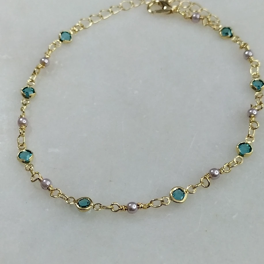 Gold Mavi Opal Taşlı İncili Halhal