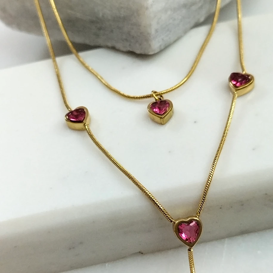 Gold Çelik Kristal Taşlı Çift Sıra Kolye image