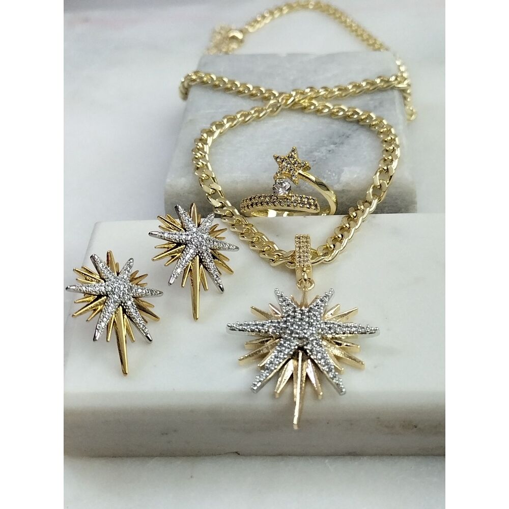 Gold Silver Zirkon Taşlı Kuzey Yıldızı Kolye Küpe Yüzük Takım