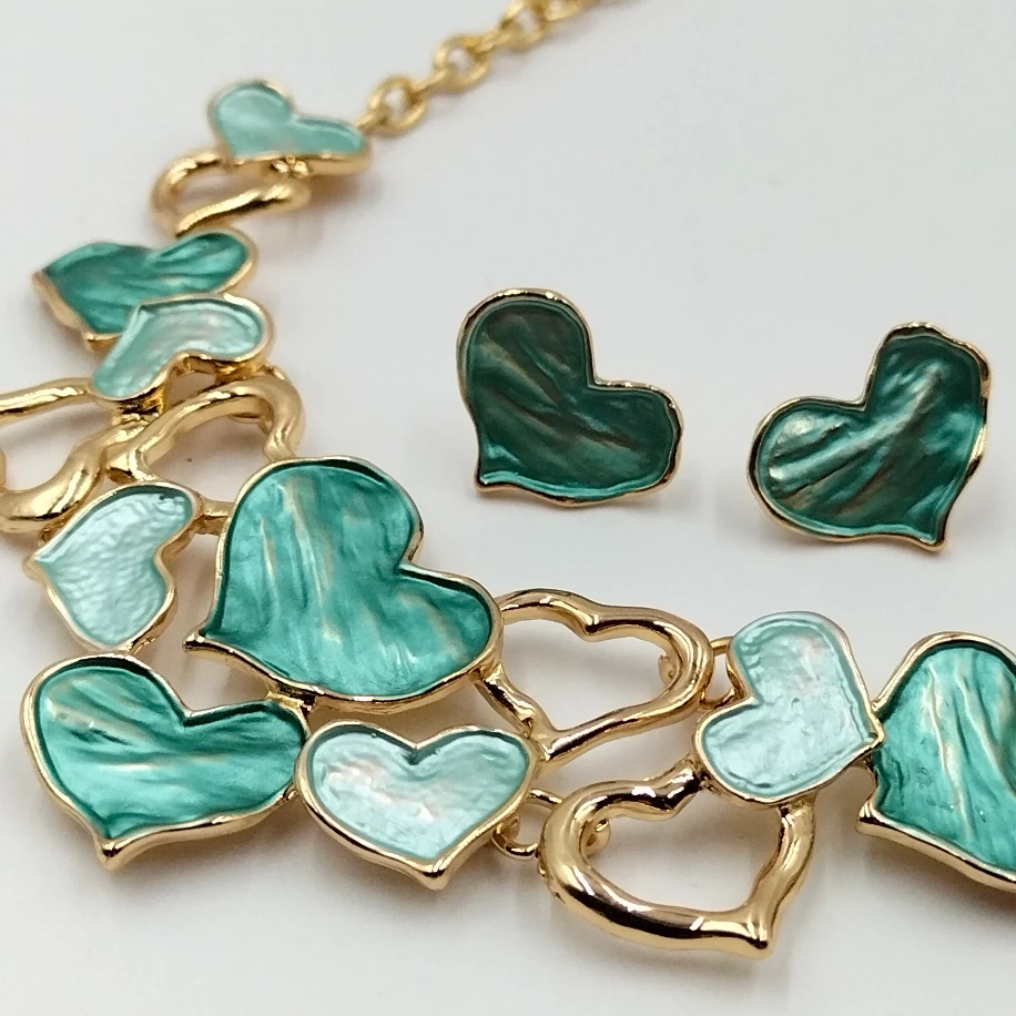 Gold Sedefli Turkuaz Kalpli Kolye Küpe Takım