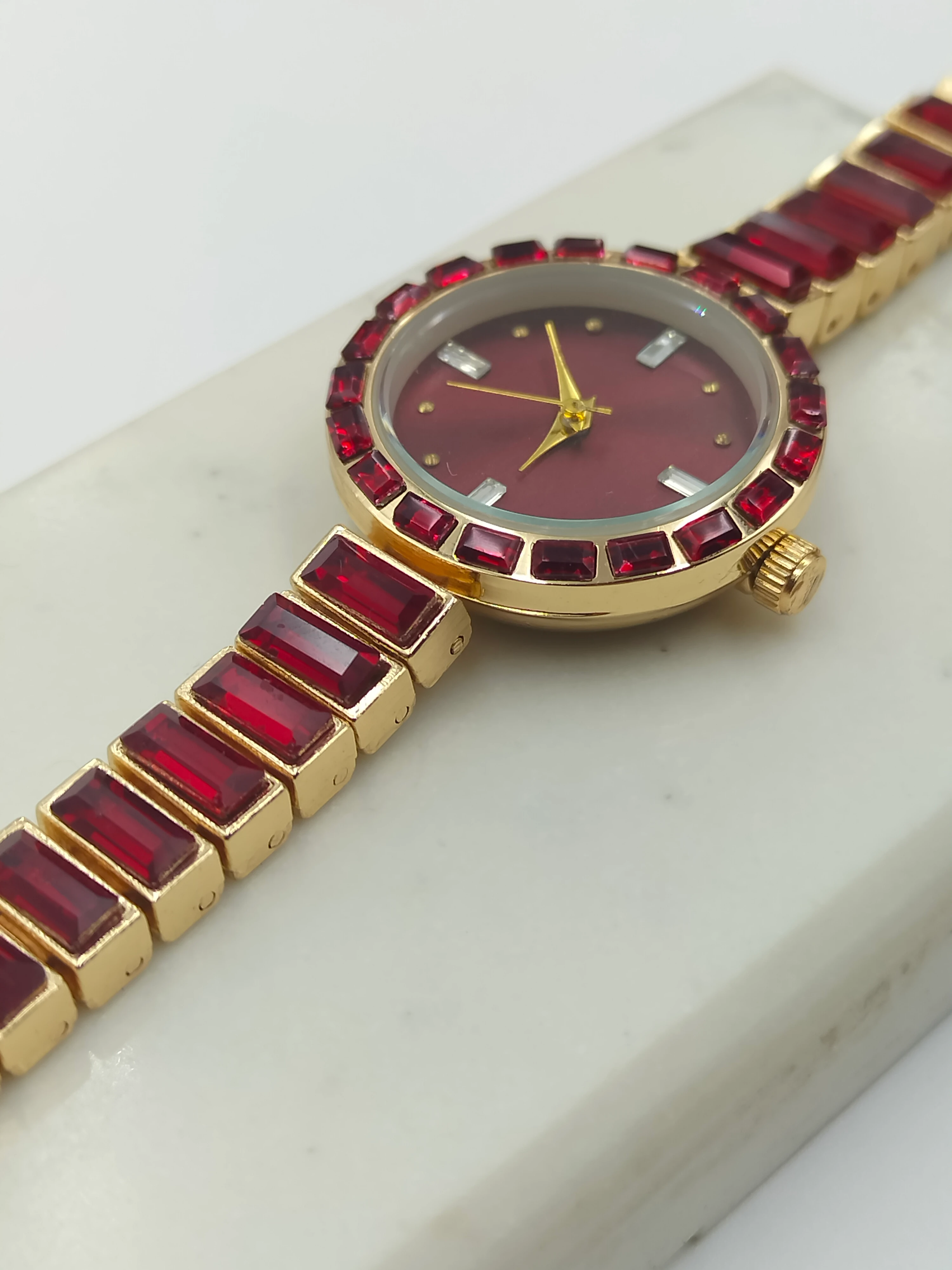 Gold Bordo Savaroski Taşlı Saat  image